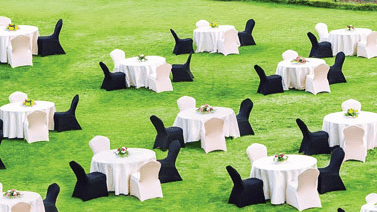 An image of the Martha Lawns at the Pride Elite Phaltan with its open seating amidst greenery