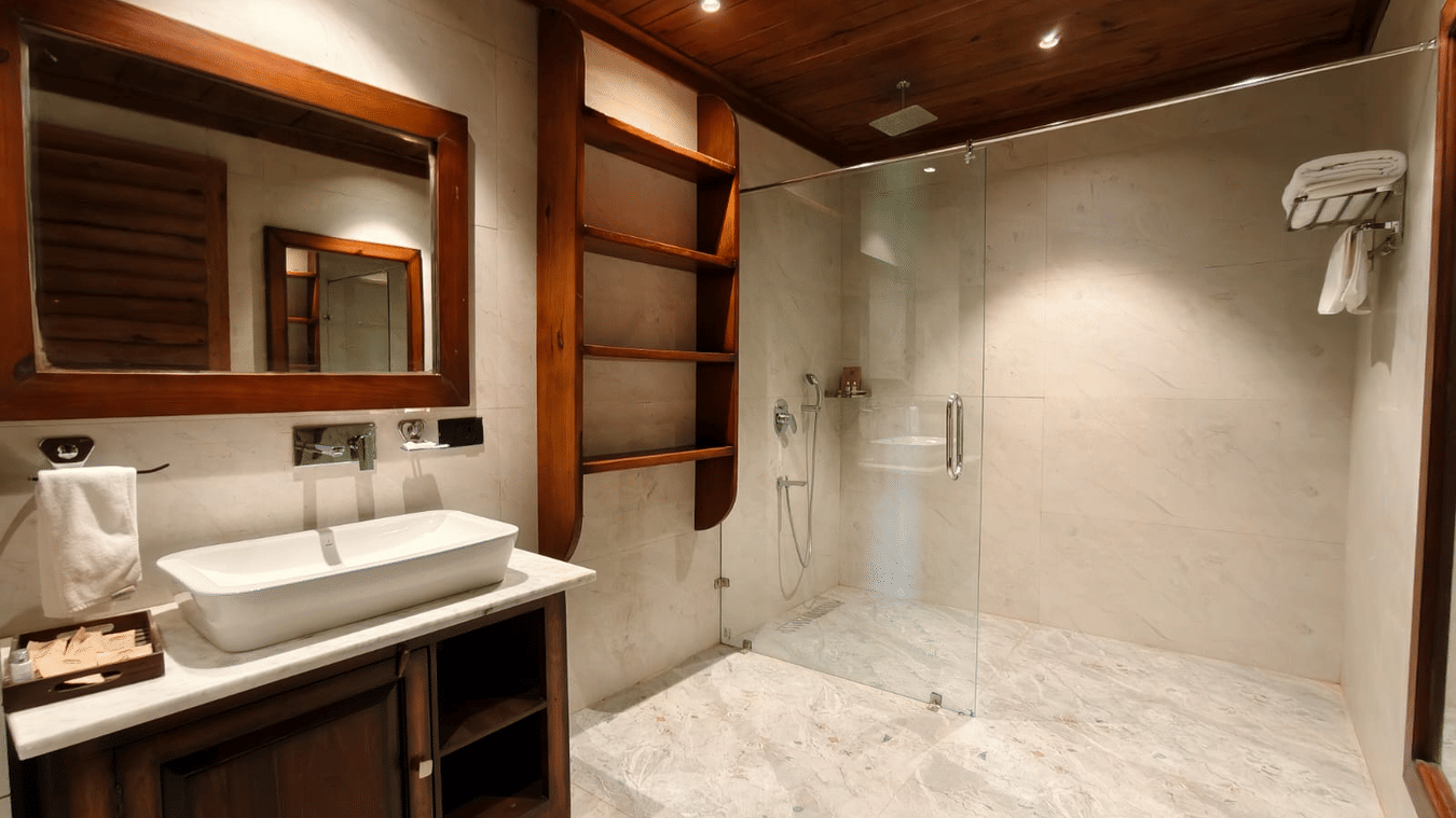 A bathroom at The Baagh Ananta Elite, Ranthambore featuring a washbasin counter, wall mirror, wooden shelves, and glass walk in shower.