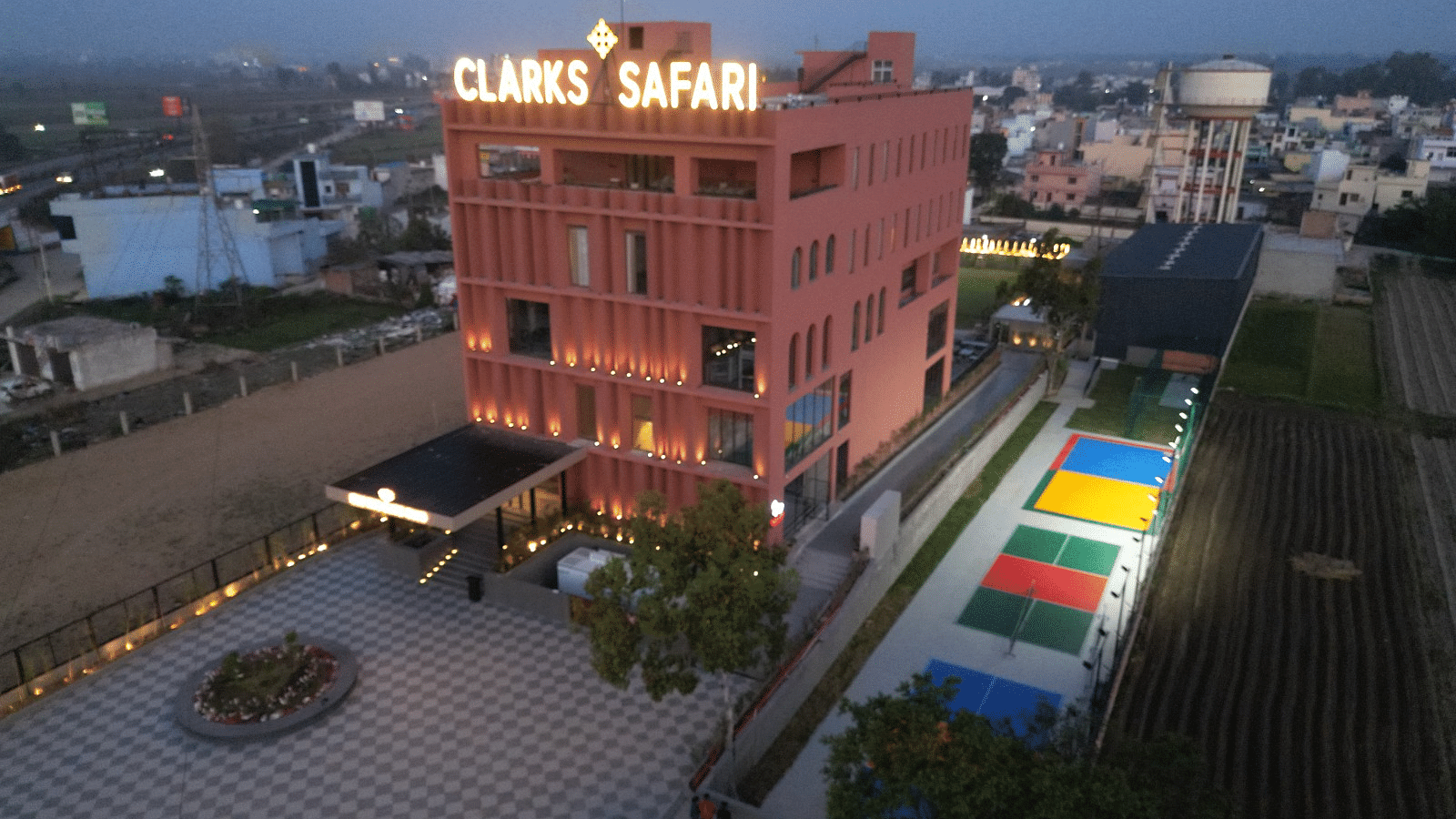 Aerial view of Clarks Safari Haridwar during the evening.