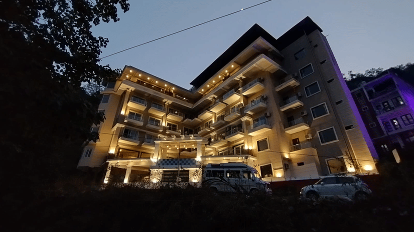 Facade of Stone Wood Hotel, RIshikesh at night