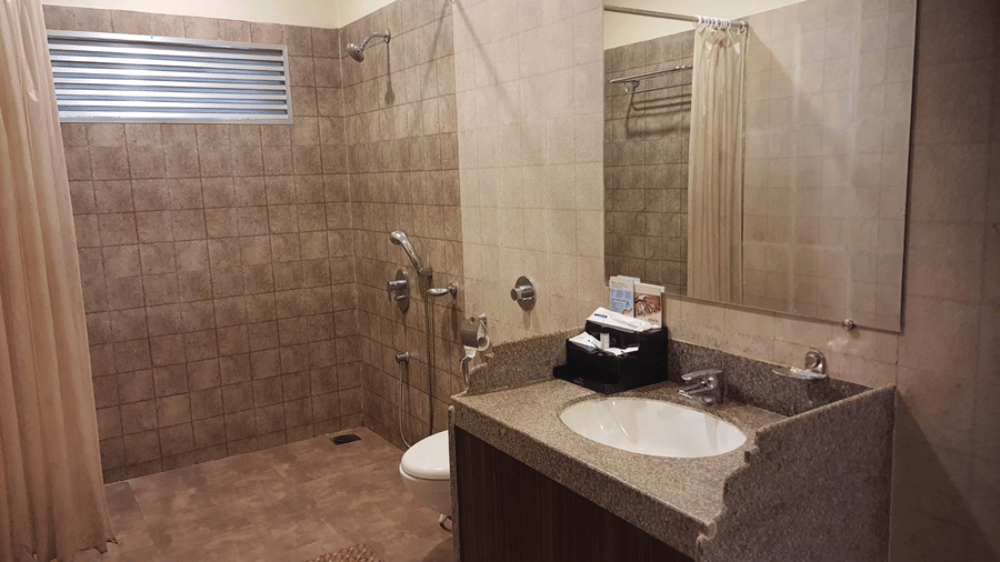 A resort washroom vanity counter with an oval drop-in sink, large mirror, and partial shower curtain.