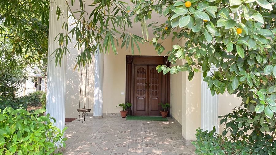 An image showing a walkway leading to a door, pictured with greenery on all four corners of the image