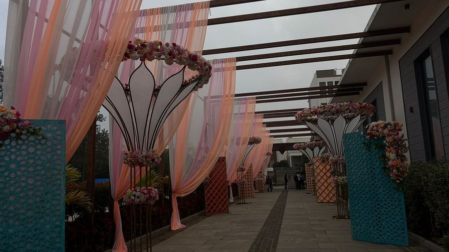 Wedding-Themed Entrance Path with Stylish Drapes and Canopy Decor - VRR Astoria Hotel and Conventional Centre