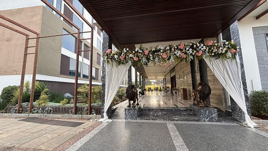 Elegant outdoor walkway with hanging plants and decor