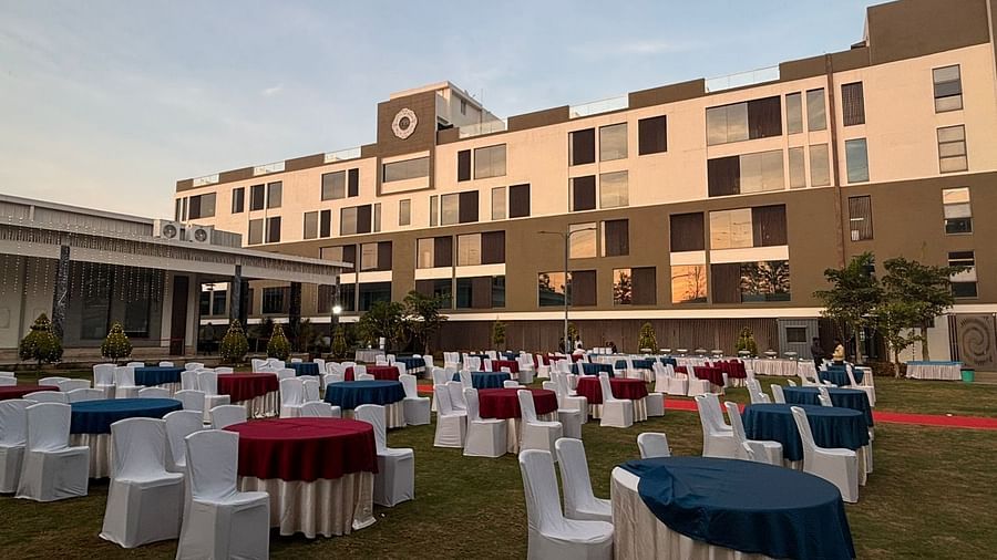 Outdoor buffet setup at sunset with elegant arrangements at VRR Astoria Hotel & Convention Centre