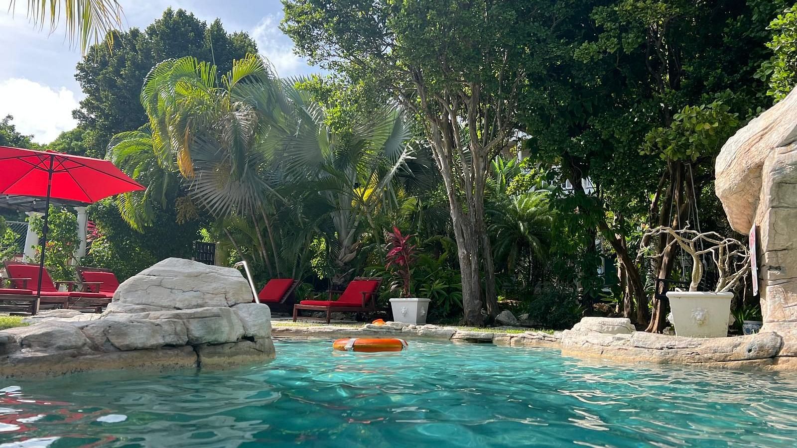 A pool surrounded by rocks, greenery, and red umbrellas | A Stone's Throw Away