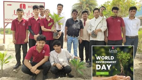 A group of young men and adults pose with saplings at Lord Hotels & Resorts. Inset shows a promotional image for World Environment Day 2025.