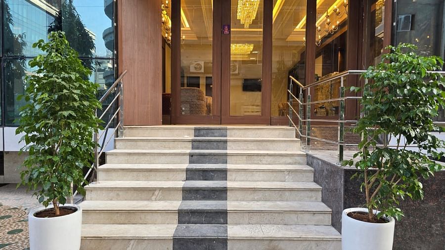 Entrance area with steps leading to the hotel, flanked by two potted plants on each side at Hotel Mumbai House, Vashi.