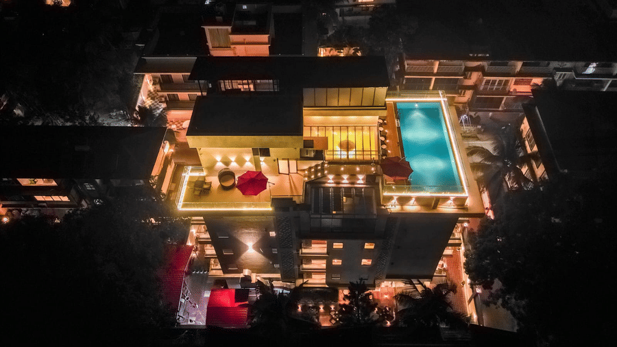 Exterior view of Hotel Southgate Goa, Calangute, featuring the hotel's contemporary architecture, spacious frontage and welcoming entrance for arriving guests.