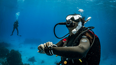 Barefoot Scuba Resort | Diver navigating underwater with equipment, observing marine life.