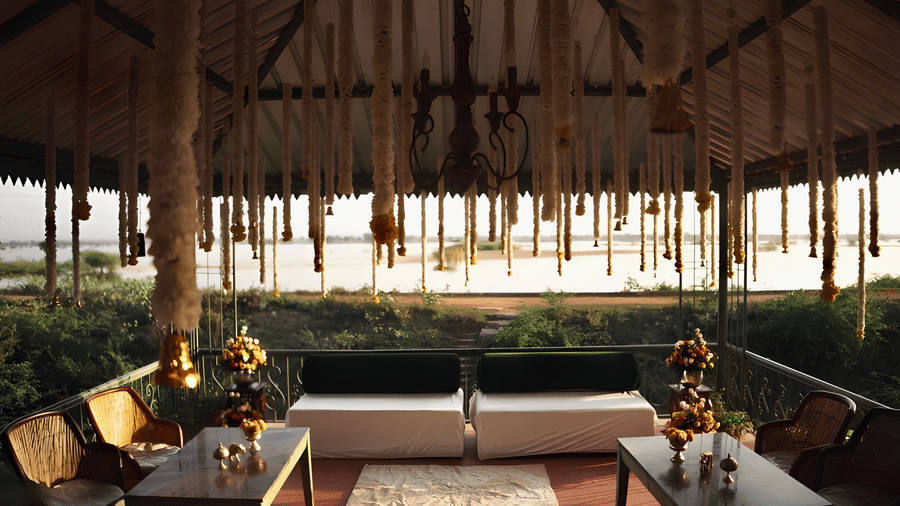 Decorated mandap setup under canopy at Umaid Palace prepared for Charvi & Dhruv wedding rituals