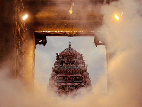Temple facade in Chennai as seen from inside another building