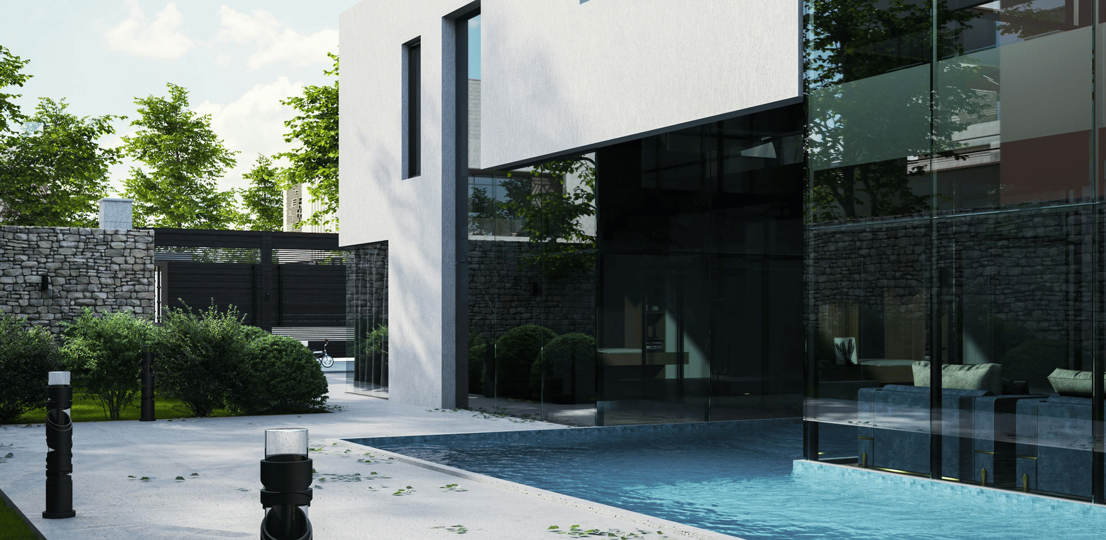 Contemporary apartment building with a sleek outdoor pool.