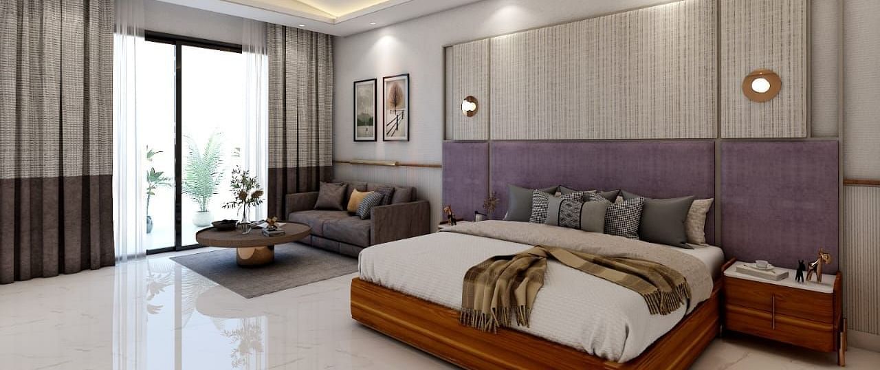 A beautiful room with ample of natural light coming from the huge french windows featuring a double bed in the room. - Namaste Corbett