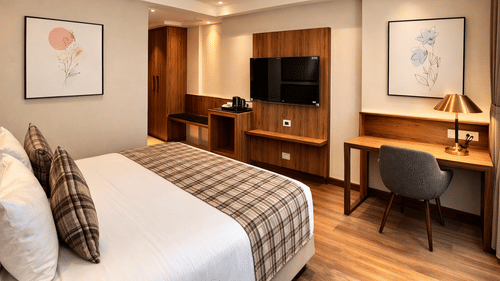 Bedroom at Pride Premier Darjeeling featuring a bed, a flat TV screen mounted on the wall, work desk and chair, and tea and coffee maker.
