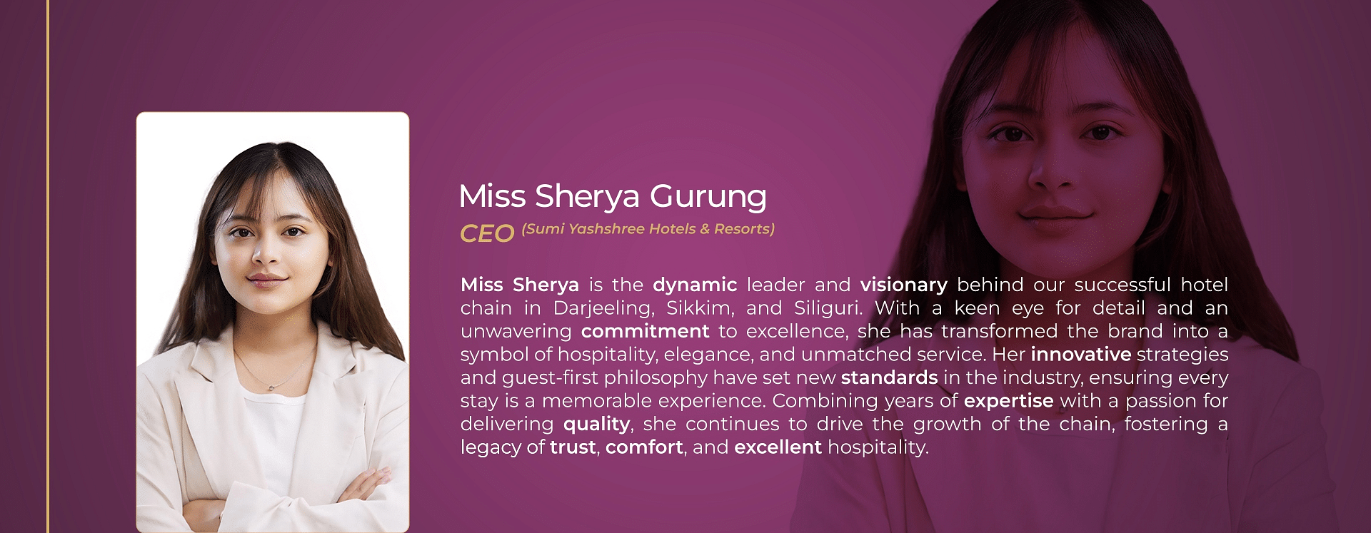Introduction to Miss Sherpa Gurung, highlighting her role and expertise at Sumi Yashshree