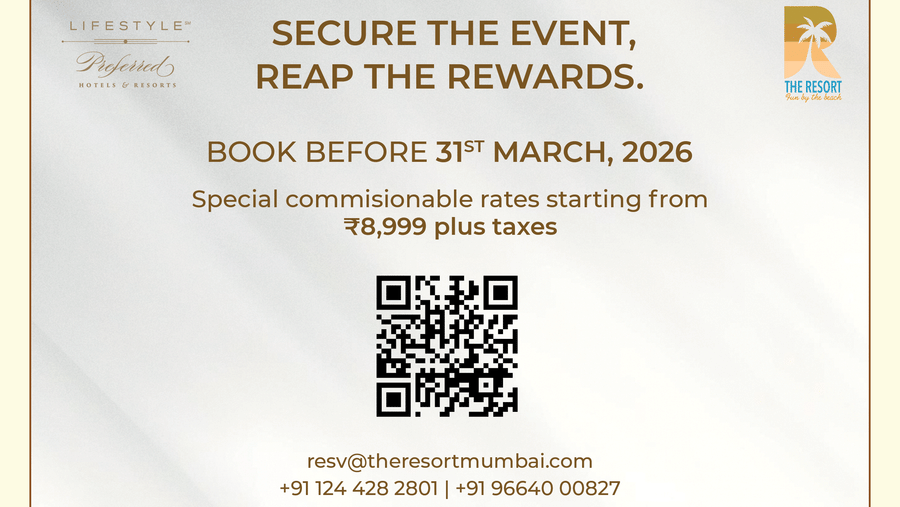 Promotional creative for Partner Rewards Booking Offer at The Resort Mumbai, offering special commissionable rates starting from INR 8,999 plus taxes and valid till 31st March, 2026.
