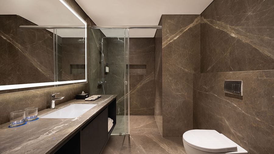 Vanity area of a Deluxe King Room at Essentia Premiere, Pune. 