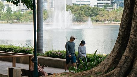 A couple walking on a pathway next to a fountain with trees in the foreground