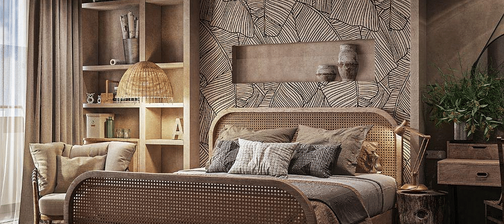 A room featuring a large bed with a small shelf above the headboard and another shelf beside the bed at The Evren, Vagator.