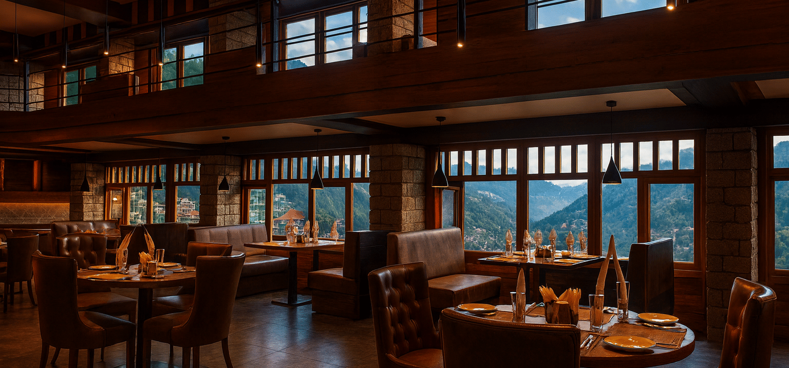Premium 3-star hotel restaurant in Gangtok with elegant dining setup and stunning mountain views through large windows