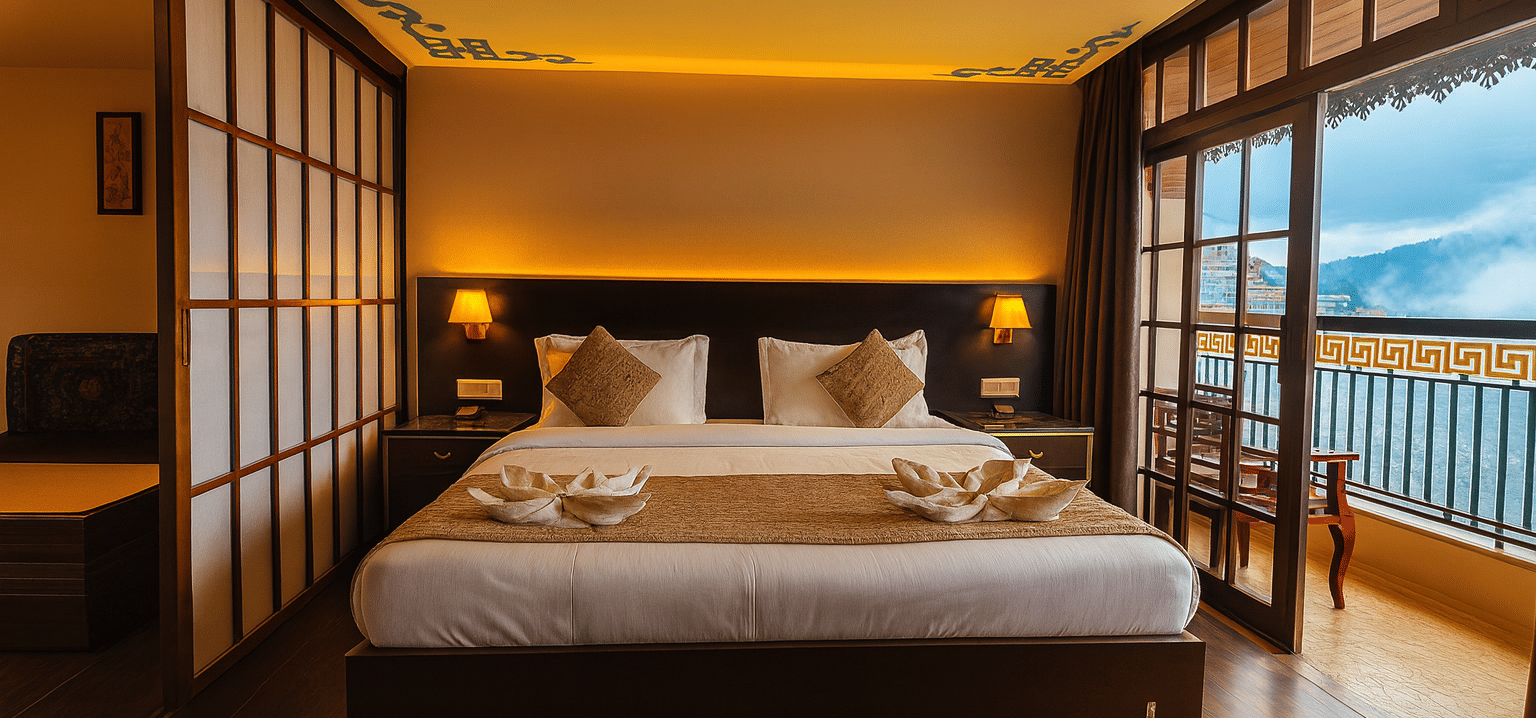 Elegant premium hotel room in Gangtok with king-size bed, warm lighting, artistic ceiling decor, and balcony offering scenic mountain views