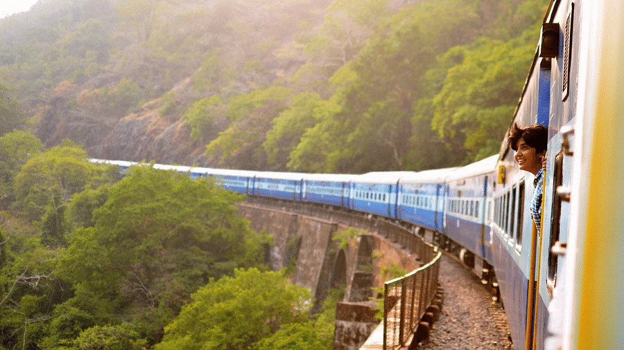 an image taken from a Train when it is curving ahead with forest cover on either side