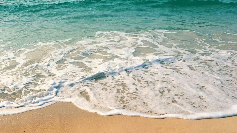 A tranquil beach scene with golden sand, gentle waves lapping the shore, and a clear blue sky meeting the vast ocean.
