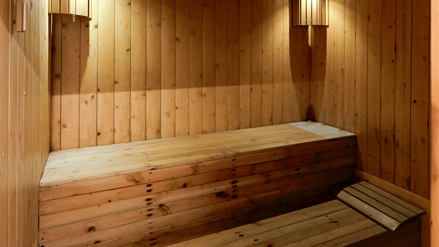 Interior of a traditional wooden sauna featuring multi-tiered bench seating and warm lighting - Wood Castle Spa & Resort, Jim Corbett