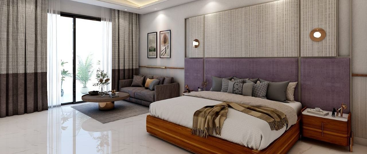 A beautiful room with ample of natural light coming from the huge french windows featuring a double bed in the room. - Namaste Corbett
