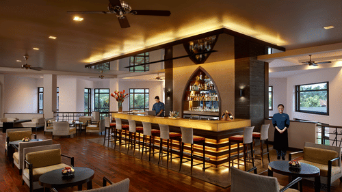 A wide angle view of the Lobby Bar at Kenilworth Resort & Spa, Goa