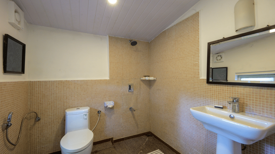Bathroom of the Camphor room at Wallwood Garden - 19th Century, Coonoor with walk-in shower, washbasin, toilet and tiled walls.