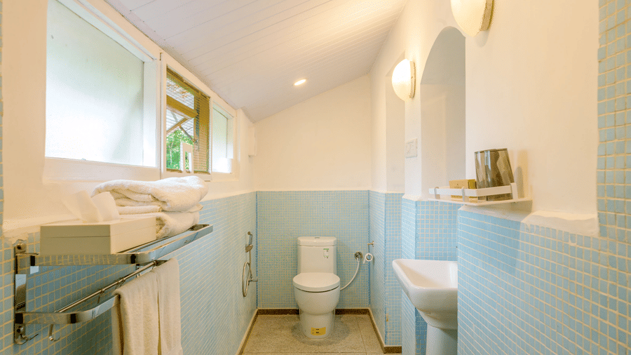 Toilet area of the Red Cedar room at Wallwood Garden - 19th Century, Coonoor with modern sanitary fittings, tiled walls and window ventilation.