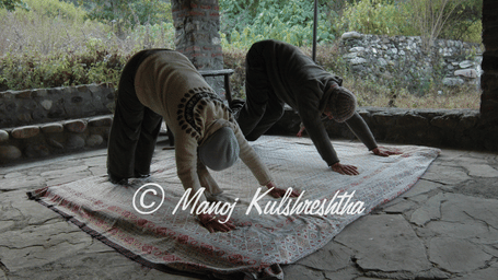 2 people practicing yoga on a mat outdoors, holding the downward-facing dog pose on a stone patio.
