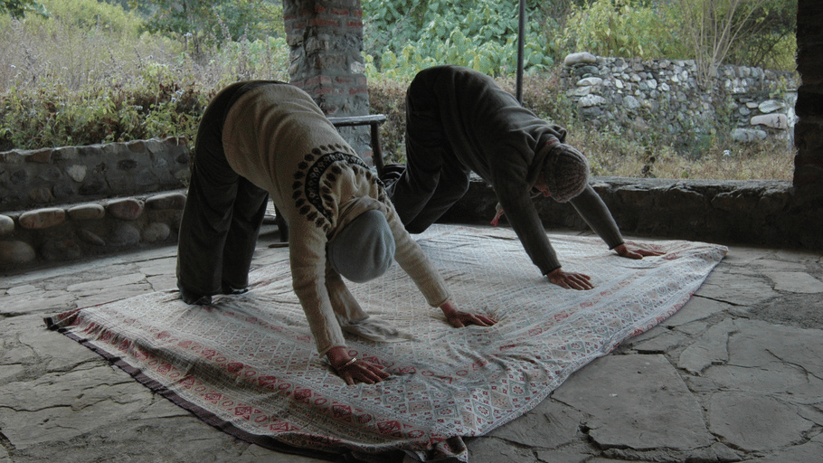 2 people practicing downward-facing dog yoga pose on mats spread across an outdoor stone patio surrounded by greenery.
