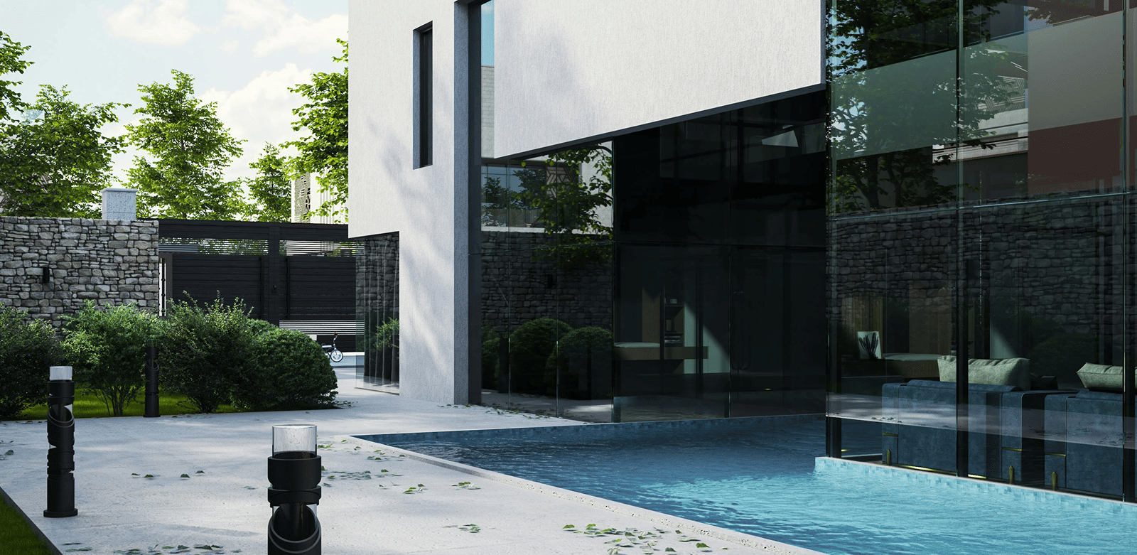 Contemporary apartment building with a sleek outdoor pool.