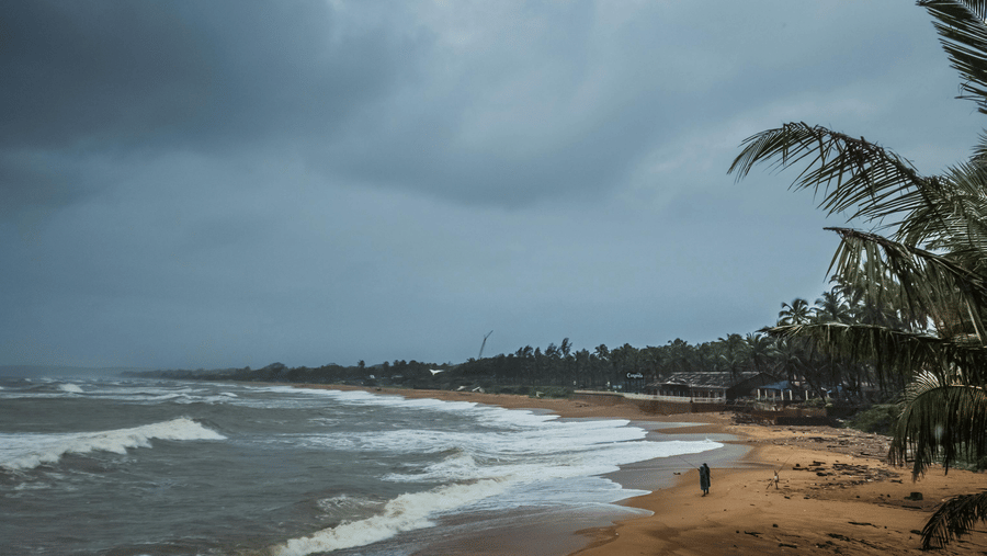 A moody, overcast beach in Goa during the monsoon with dark clouds, swaying palm trees, and white waves crashing on the shore.