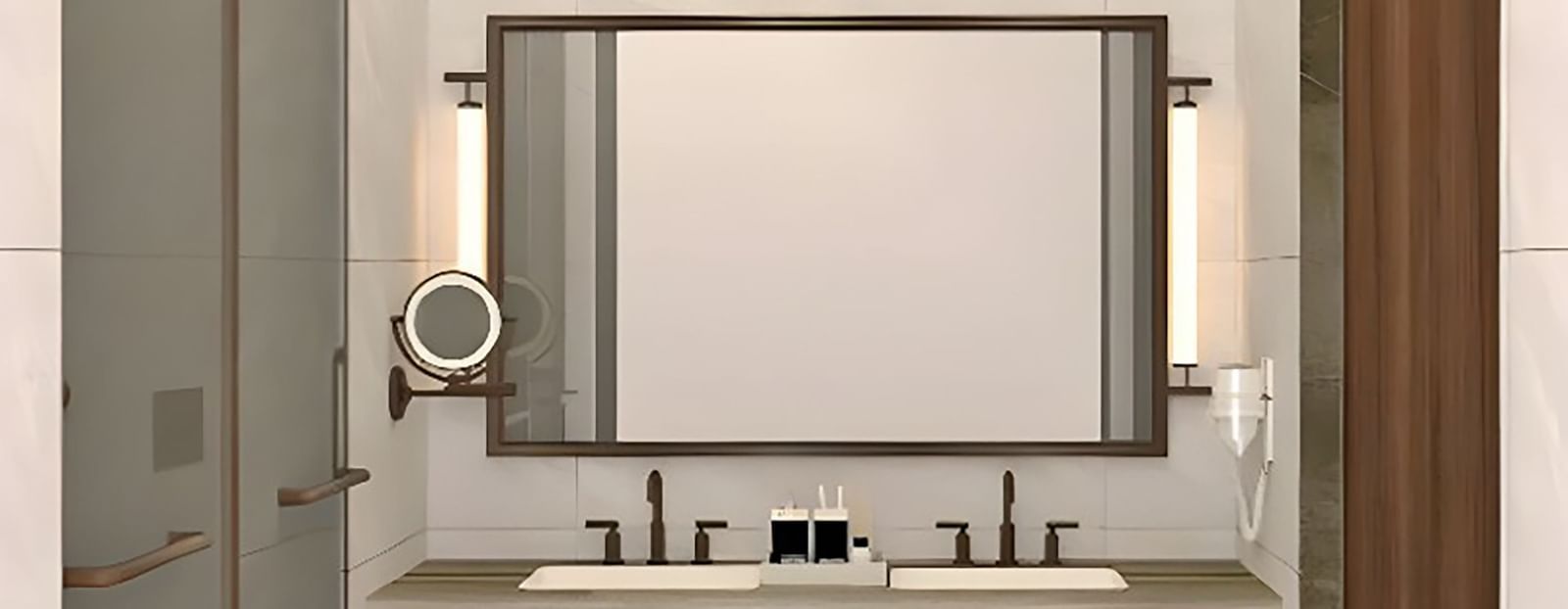 anctuary Suites bathroom at The Riverview Retreat, Corbett featuring wide mirror, twin sinks, and contemporary design.