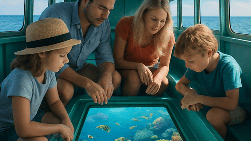 An AI-generated print of a family of four looking at the coral from inside a glass bottom boat.
