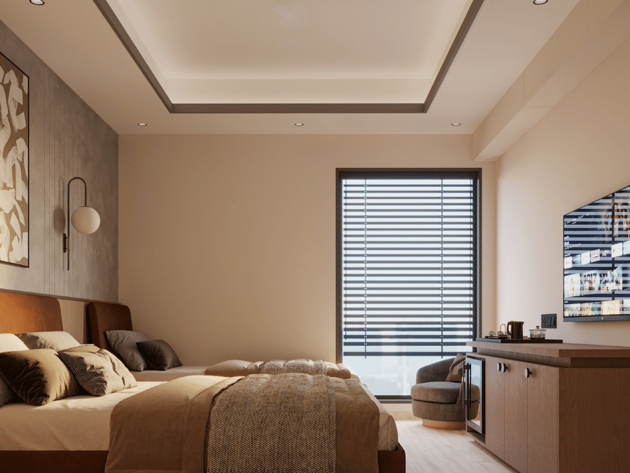 Deluxe bedroom at Ananta Elite Somnath with cosy interiors, modern design and a calm atmosphere