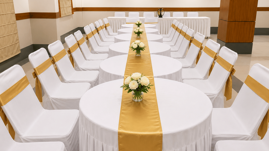 Banquet hall with conference style seating at Max Hotel Jabalpur.