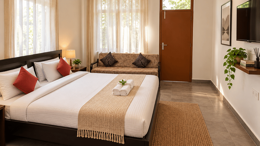 Mohan Chatti by Eastlynn Experiences bedroom with a white bed, red cushions, sheer curtains, large windows, a wooden bench and potted plants by the door.