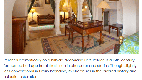 Image of Neemrana Fort-Palace, Alwar with text describing its heritage charm, unique rooms, amenities, and tariff details.