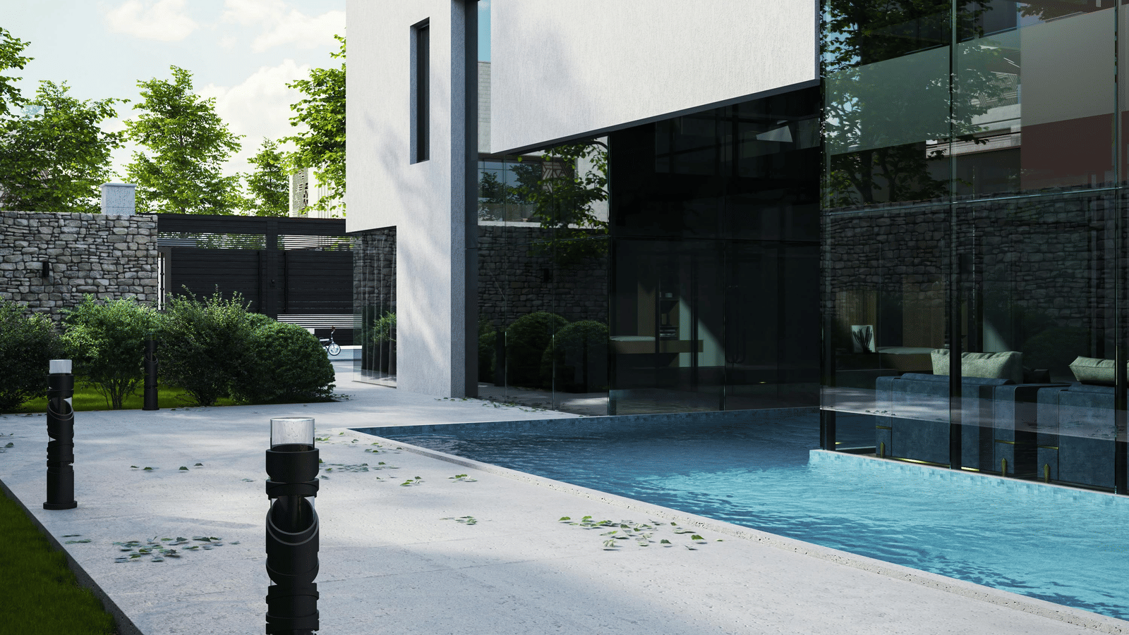 Contemporary apartment building with a sleek outdoor pool.