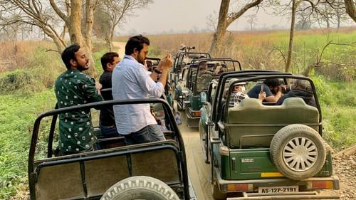 People going for forest safari in a jeep with trees in view at Gir national park