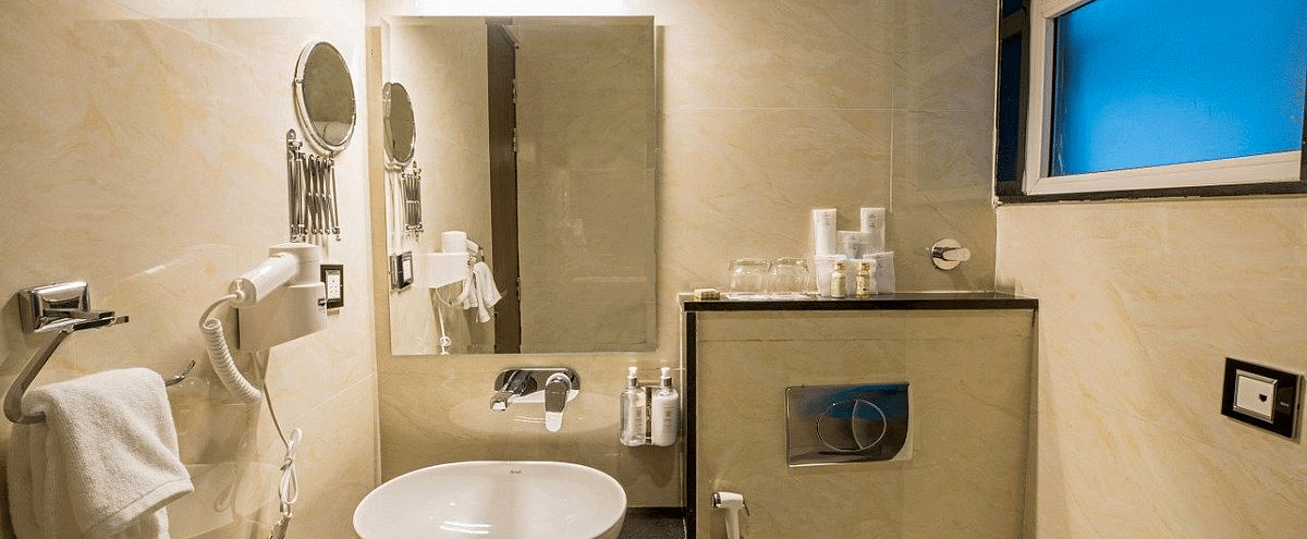 Front view shot of the bathroom highlighting a mirror above the wash basin at Regenta Inn DLS.