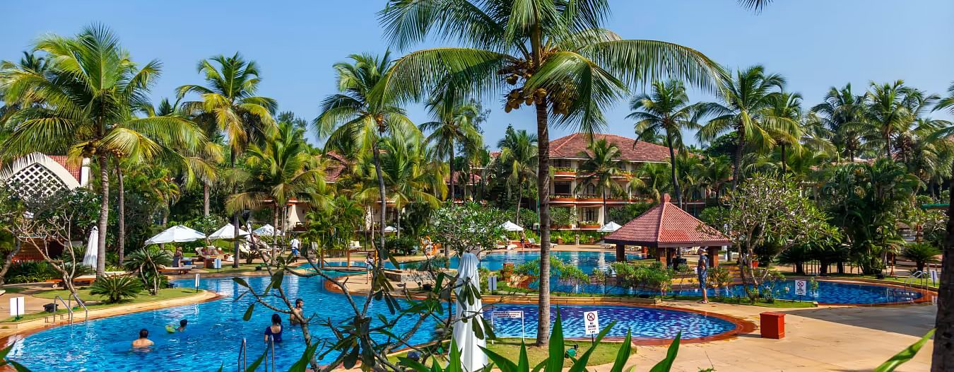 overview of caravela Beach Resort Goa with the swimming pool and coconut trees in view