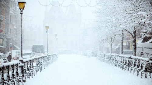 A bridge covered in snow with trees in the distance and railings in view.