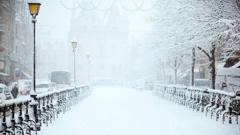 A bridge covered in snow with trees in the distance and railings in view.