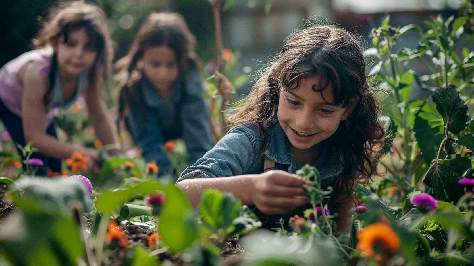 A child kneels in a garden, gazing intently at a vibrant flower. The focus is on the child's curious expression, highlighting their wonder and fascination with nature. Soft sunlight filters through the leaves, creating a warm and inviting atmosphere.